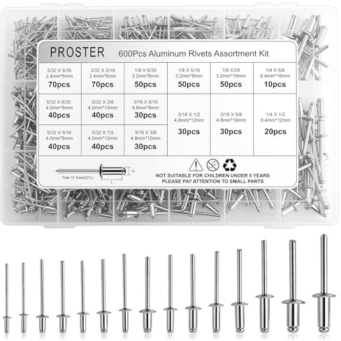 Proster 600 stück Schwarze Aluminium-Blindnieten Sortimentset -15 gängigste Größen (3/32- 1/4) für DIY, Autoreparatur, Metallverarbeitung & Haushaltsreparaturen (600, Sliber)