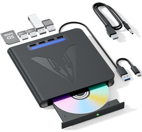 LLMHHKYK 7 in 1 External Blu Ray Drive & Burner for PC Laptop, Portable Blu Ray/DVD/CD Burner with 100GB Disc Support, SD/TF Card Reader & USB 3.0 Hub for Windows MacOS Linux Desktop (7 in 1)