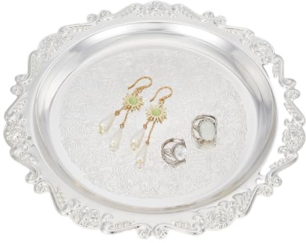 PH PandaHall Bandeja plateada de 9.84 pulgadas, bandeja de exhibición de joyas, bandejas vintage, bandejas de velas, dispensador para bodas, fiestas, cosméticos, perfumes, joyas, velas, anillos