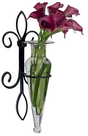 Danya B. Home Accent Wandhalter Fleur de Lis Blumenvase aus Eisen und klarem Glas, kann an der Wand im Innenbereich oder perfekt für die Terrasse verwendet Werden