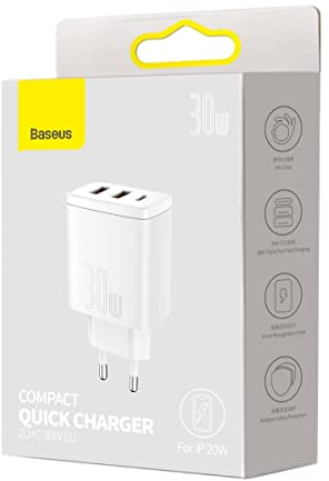 Cargador Baseus Compact Fast Charge 2xUSB-A 1xUSB-C 30W Blanco