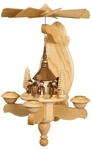 Volkskunstwerkstatt Unger Wandpyramide - Hängepyramide mit Seiffener Kirche inkl. 3 Teelichtaufstecker - Original Erzgebirge® #0800/T