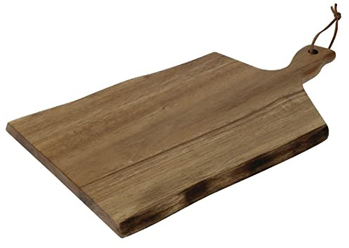 Olympia Acacia Wood Wavy Handled Chopping Board, 305 x 215mm | Includes a rustic leather tag and a 75mm handle for easy carrying or hanging; oil regularly for lasting use.