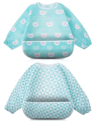 Little Dimsum Lätzchen Baby Lätzchen mit Ärmeln, Lätzchen Wasserdicht Abwaschbar Ärmellätzchen, Baby Bibs Set für Kleinkinder mit Großer Tasche (6-36 Monate) - 2er-Pack