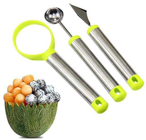 Xrten Set di coltelli da frutta in tre pezzi,Set di scavino per frutta,Acciaio inossidabile Coltello per melone/Coltello da intaglio