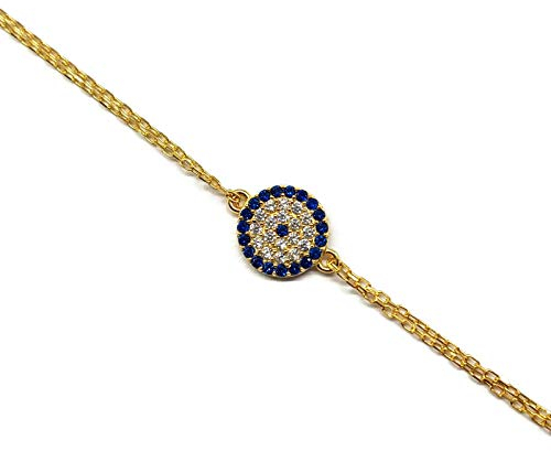 MYSTIC JEWELS by Dalia – Armband mit türkischem Auge – Zirkonia – doppelte Kette 16 – 18 cm verstellbar (Silber Goldfarben)