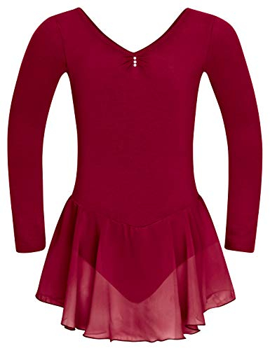 tanzmuster ® Ballettkleid Mädchen Langarm - Anna - aus weichem Baumwollstoff mit Glitzersteinen und Chiffon Röckchen fürs Kinder Ballett Ballettbodyin burgunder, Größe:164/170