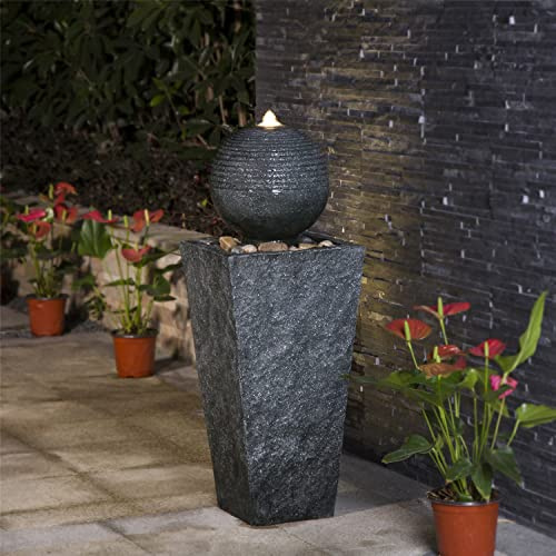 Glitzhome Fuente de agua para exteriores con luz LED, pedestal de esfera decorativa para exteriores con bomba sumergible, fuentes de cascada vintage para jardín, patio, terraza, porche, 31.69 pulgadas