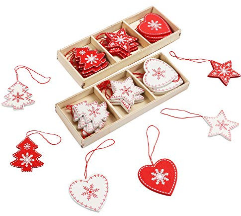 BELLE VOUS 24pz Decorazioni Natalizie in Legno Addobbi Natalizi in Legno 6 Design x 4 con Cuore, Albero e Stella Bianchi e Rossi- Oggetti in Legno Natalizi con Spago per Decorazioni Albero di Natale