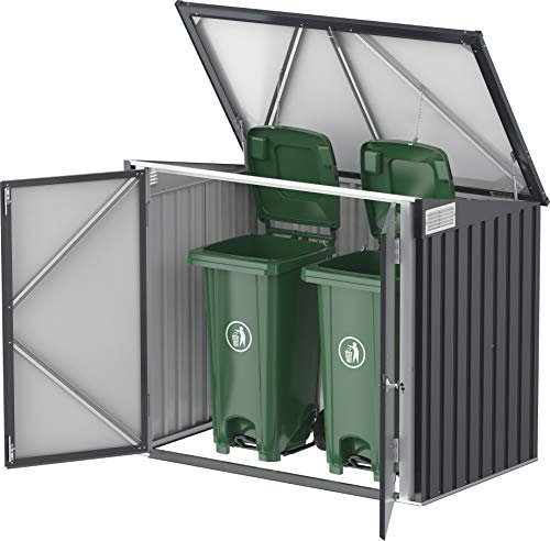 BillyOh Metal Shed Garbage Wheelie Bin Storage Box 5x3 ft, Galvanised Steel Outdoor Shed Storage Bins with Lockable Double Doors, Pneumatic Lift Lid, and Vents for Airflow – Ideal for Rubbish Bins