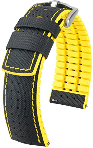 HIRSCH Uhren-Band Robby L - modisches Premium-Lederband für Deine Armbanduhr - Schwarz/Gelb - 20 mm