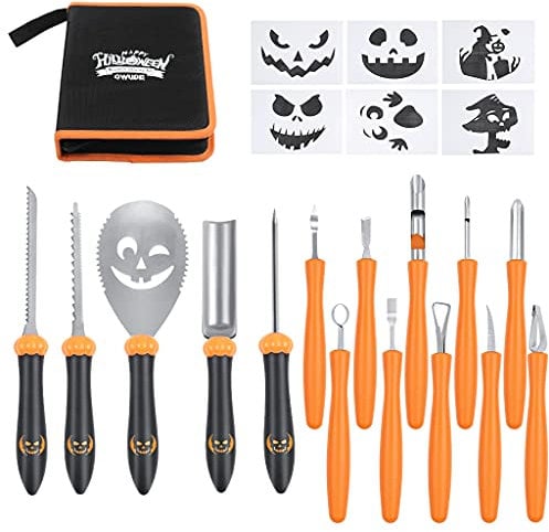 OWUDE Upgraded 15PCS Pumpkin Carving Kit for Adults with Professional Detail Sculpting Tools, Heavy Duty Stainless Steel Tools with Carrying Case & 6 Templates for Halloween Decoration