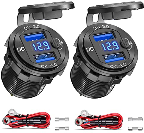 Lot de 2 Prises USB 12V Double Chargeur USB 3.0 12 V avec voltmètre LED et Interrupteur d'alimentation, Adaptateur de Chargeur de Voiture étanche en Aluminium pour Camping-Car Moto
