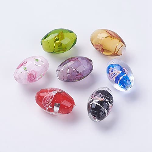 PandaHall Lot de 10 perles ovales en verre lampwork à feuille d'argent faites à la main perles d'espacement libres avec fleur pour fabrication de bracelets, colliers, bijoux, loisirs créatifs DIY