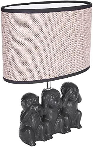 BRUBAKER Nachttischlampe Drei weise Affen - Tischlampe Affen Smileys - Tischleuchte mit Keramikfuß und Stoffschirm - 35,5 cm Höhe, Schwarz Beige