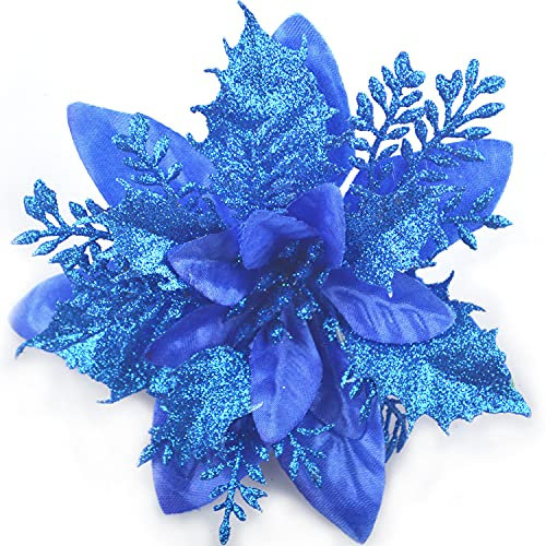 GL-Turelfies 12 fiori di Natale glitterati 15 cm, con 12 clip di Natale artificiali a forma di stella di Natale, per albero di Natale, decorazioni per albero di Natale (Blu)