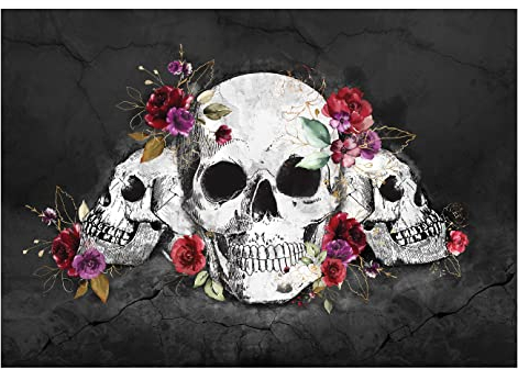 Fototapete Totenkopf 3D Blumen Schädel Skull Tod Wohnzimmer Schlafzimmer Wandtapete Vlies Tapete UV-Beständig Montagefertig (368x254 cm - 4 Bahnen)