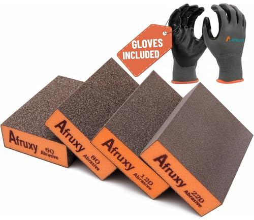 Sanding Sponge, 60/80/120/220 Grit 4-Pack with Protective Gloves, Coarse Fine Medium Grit Sanding Block, Reusable Dry Wet Sanding Blocks for Wood, Drywall,Metal, Fine Sandpaper Sand Block by Afruxy
