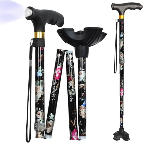Hedkin Walking Cane with LED Light, Foldable,Adjustable, Self Standing Walking Canes for Men & Women,Walking Sticks with Quad Base for Seniors & Adults