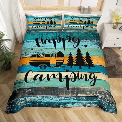 Castle Fairy Wohnmobil-Bettbezug für Queen-Size-Betten für Jugendliche, Happy Camping, grün-blau, Bettbezug mit 2 Kissenbezügen, Bauernhaus-Stil, ultraweiche Mikrofaser, atmungsaktiv