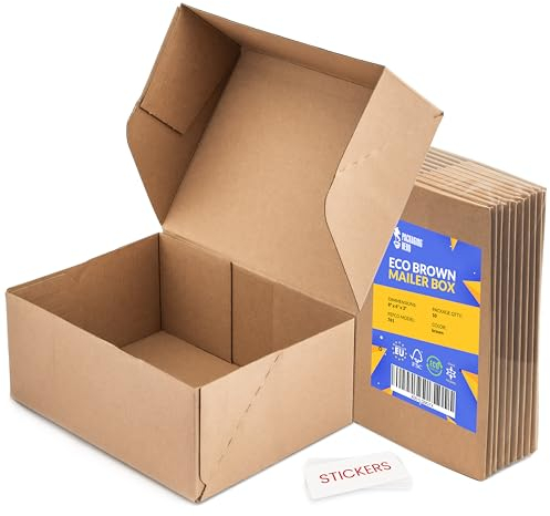 Packaging Hero 8 x 6 x 3 Corrugated Cardboard Mailing Boxes, shipping boxes, packing boxes, small parcel postal boxes, e-commerce boxes with free clear round stickers (Pack of 10)