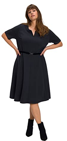 Ulla Popken Damen große Größen Übergrößen Plus Size Trachtenkleid, Gürtel, Tunika-Ausschnitt, Halbarm dunkelgrau melange 52 809839118-52