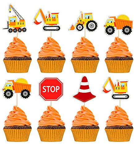 Gyufise 36Pcs Construction Cupcake Toppers Stop Sign Dump Truck Excavator Tractor Party Cake Food Picks Decorations for Construction Theme Baby Shower Kids Birthday Party Supplies
