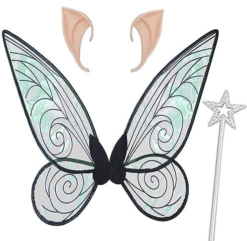 Winwild Feen Kostüm Damen Set,4er Elfe Kostüm Tüllrock mit Elfen Fee Flügel & Elfenohren & Blumenkranz Zahnfee Waldfee Faschingskostüme Damen Nymphe Cosplay Forest Fairy Costume(Weiß)