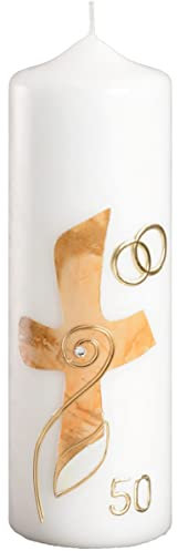 Wiedemann Kerzen Goldhochzeitskerze Kreuz marmoriert 220 x 70 mm mit individueller Namensverzierung aus Wachsbuchstaben