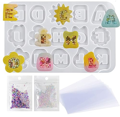 Attuslla Treibsand Harz Formen, Alphabet Shaker Silikonform Shaker Silikonform DIY Schmuck Gießformen mit PVC Blätter für DIY Halskette Schmuck