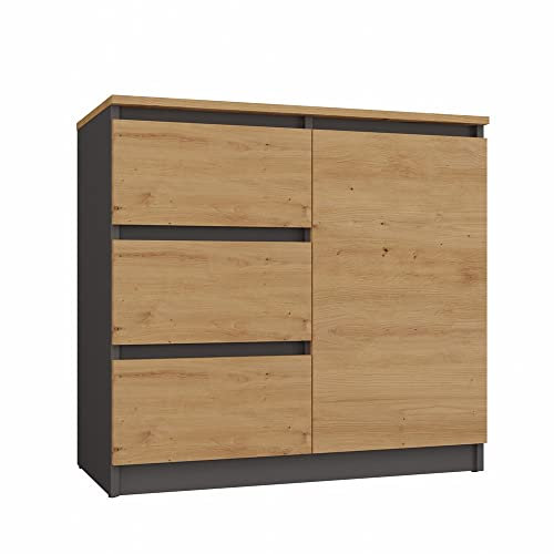 ADGO Schubladenkommode 1 Tür 3 Schubladen Moderne Schubladenkommode für Wohnzimmer Büro 80x75x40 cm Funktionelle Schubladenkommode Grifflose Fronten(Wird in 2 Paketen geliefert) (Anthrazit/Artisan)