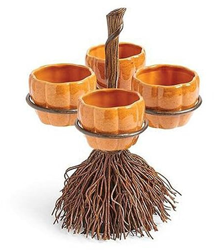 Halloween Pumpkin Snack Bowl Stand, 4 Bowls Creative Snack Basket with Broom, Halloween Pumpkin Bowls, Food Serving Stand for Wedding Halloween Party Supplies