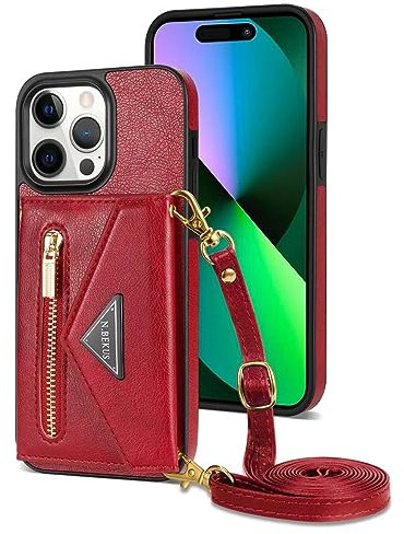 ESONG 𝐂𝐨𝐯𝐞𝐫 𝐩𝐞𝐫 𝐢𝐏𝐡𝐨𝐧𝐞 𝟏𝟓 𝐏𝐫𝐨 𝐌𝐚𝐱,con 4 Carte Slot/Chiusura Magnetica,Antiurto Flip Wallet Protettiva Case con supporto/Laccio Tracolla,Custodia in pelle PU premium-Rosso