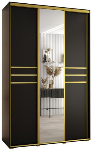 MEBLE KRYSPOL Davos 11 150 Schrank mit DREI Schiebetüren für Schlafzimmer - Moderner Schrank mit Spiegel, Kleiderstange und Regalen - 235,2x150x45 cm - Schwarz Schwarz Gold