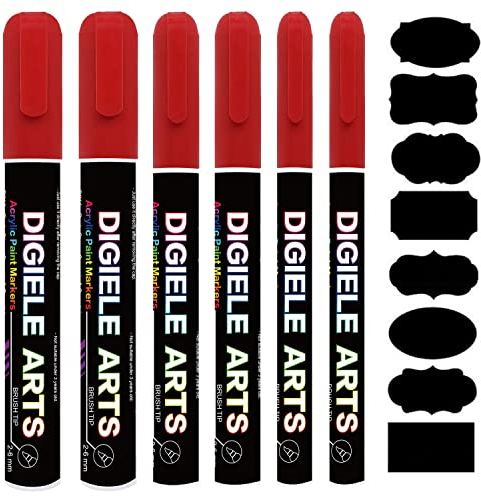 DIGIELE Kreidestift Rot, Kreidestifte Rot 1mm / 3mm / 6mm Stiftspitze, 6 Stücke Kreidemarker + 16 Tafel Labels, Trocken oder Feucht Abwischbare Flüssigkreide für Whiteboard, Tafel, Fenster & Glas