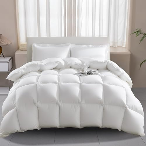 Wellos 135x200 Ganzjahresdecke 100% Baumwolle Bettdecke mit Gänsedaunen und Federn, Federbettdecke Dicke Füllung ohne Lebendrupf, Extra Flauschige 3D Baffle Box Übergangsdecke für Einzelbett, Weiß