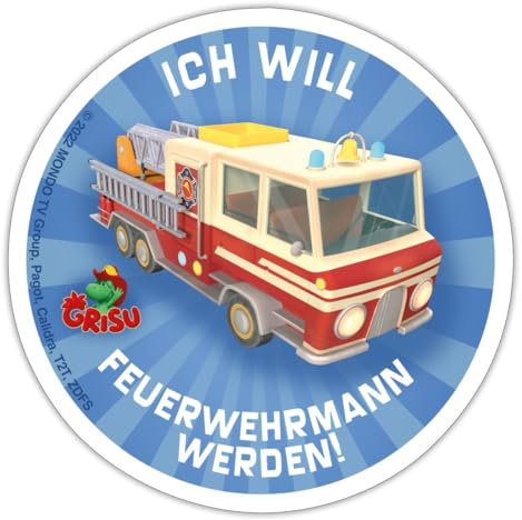 Spreadshirt Grisu Der Kleine Drache Will Feuerwehrmann Werden Sticker Aufkleber, 10 x 10 cm, Mattweiß