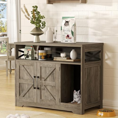 Halitaa Cat Litter Box Enclosure, Hidden Litter Box Furniture with Scratch Pad, Farmhouse Indoor Cat House Washroom End Table, Grey