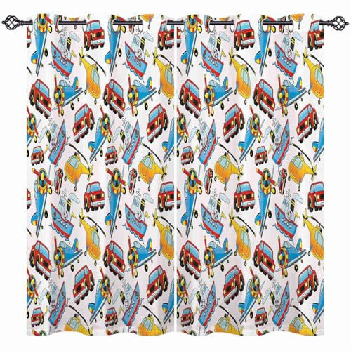 ANHOPE Cartoon Auto Flugzeug Schiff Verdunklungsvorhänge mit Ösen Blickdichte Gardinen Blackout Curtain Thermo Vorhänge Kinder Jungen Mädchen Schlafzimmer Wohnzimmer Vorhang 2er Set H 175 x B 140 cm