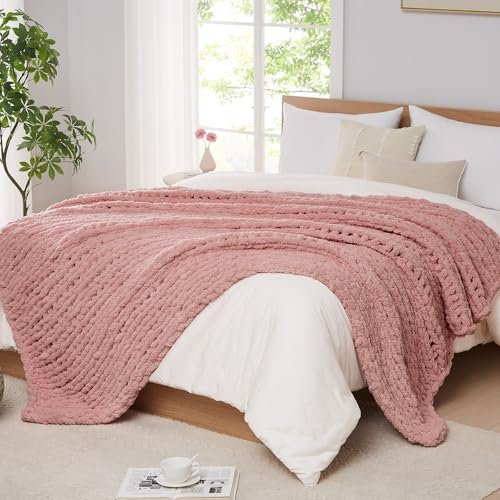 L'AGRATY Grobstrick-Decke: 203 x 228 cm, Chenille, grob gestrickt, Überwurfdecke für Bett, Couch, handgefertigt, dick, große Zopfstrickdecke, große grobe Häkeldecke für Heimdekoration (Rosenrosa)