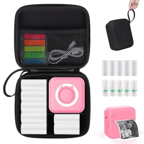 HUIJUTCHEN Mini Pocket Printer with Case, Mini Thermal Printer with 10 Rolls Thermal Paper, Mini Portable Photo Printer for Travelling, Journal, Memo, Photo, Study Notes (Rose)