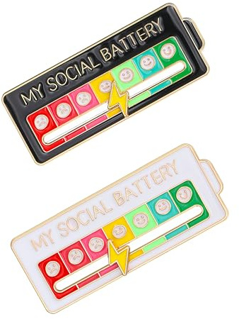 2 Pcs Emotion Pin with Badge Backs, Adjustable Social Battery, 7-Day Switching Design Brooches for Men and Women