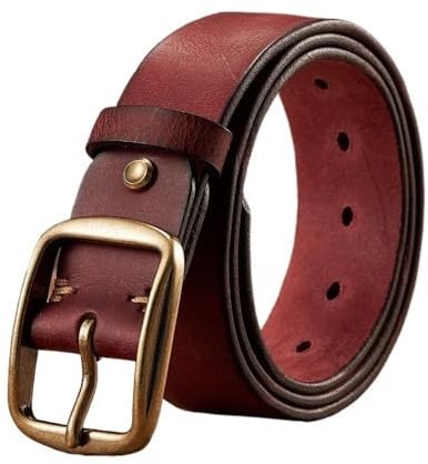 DAOFEUK Dicker Rindsleder, Kupfer-Dornschließe, echtes Leder, Gürtel für Jeans, modisch, lässig, Herren-Bund, Retro-Riemen, rotbraun, 120 cm