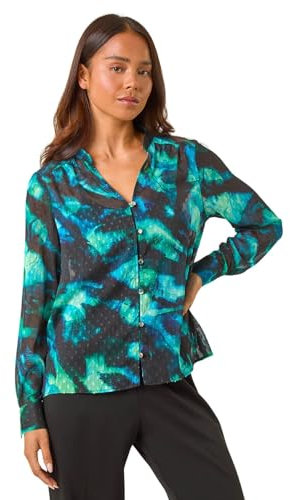 Roman Originals Shirt Top for Women UK Ladies Collarless Blouse Smart Tunic Button Through Longline Asymmetric Hem 3/4 Length Roll Up Sleeves V Neck Going Out - Turquoise - Size 16