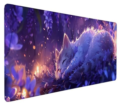 Lila Mousepad XXL 90 x 40 cm Schreibtischunterlage, Gaming Mauspad Katze Mouse Pad Wasserdicht und Langlebig Mousepad Groß mit Vernähte Kanten für PC, Laptop, Gaming, Büro, Zuhause Deko Geschenk Q-5