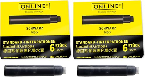 ONLINE Standard Ink cartridges, Universal Fountain Pen Ink, Compatible with All Common Standard Fountain pens, Replacement cartridges for Fountain pens and rollerballs, 6 Pieces, Colour Black