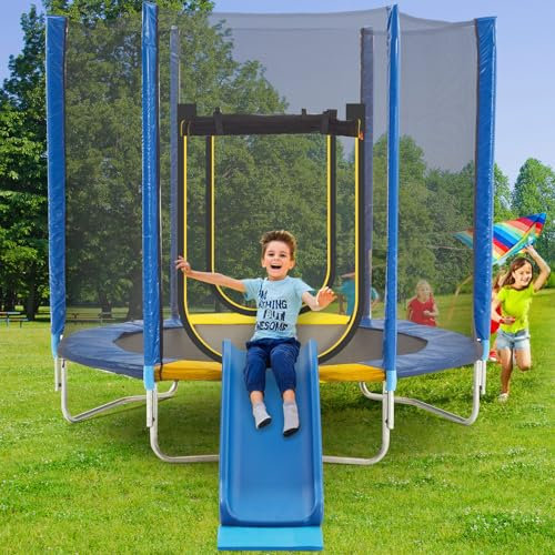 APTILTON 7FT Trampoline with Slide, Safety Enclosure Net, Jumping Mat, Safety Pad, and Ladder – Kids Hexagonal Trampoline for Indoor & Outdoor Use for Toddlers and Children