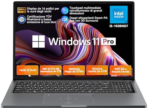 Blackview PC Portatile Acebook 12 Intel Core i5-1030NG7, 16GB RAM 512GB SSD 2TB Laptop 16 FHD, Win11Pro Laptop, Batteria Mega da 57Wh/Ricarica Rapida da 67W, WIFI6,USB,HDMI,Fingerprint/QWERTY English