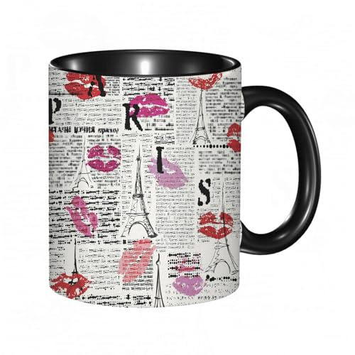 reyawdf Original Tasse mit lustigem Design,Eifel Tower Sketches und Lipstick Kisses Pattern,330ml, für Kaffee- und Teeliebhaber, als Geschenk für Weihnachten, Geburtstag und mehr