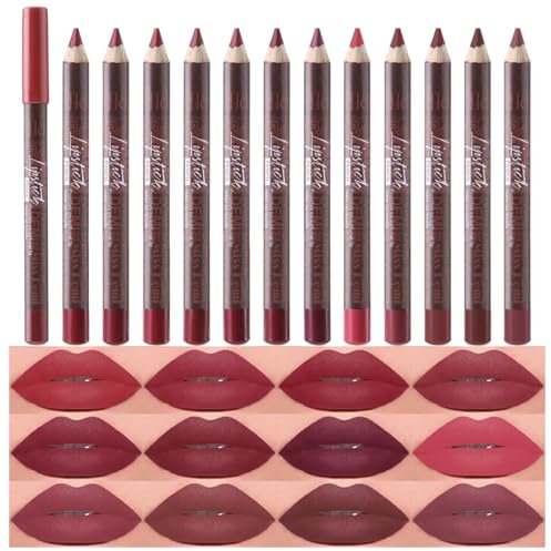 Teekerwan 12Pcs Nude Matte Lip Liner Crayon Pencil und Lipstick Set, 24-Stunden lang anhaltende wasserdichte Lippenstift, Matte Lippenstift und Lip Crayon Lip Liner Stift Set für Frauen (Set A)